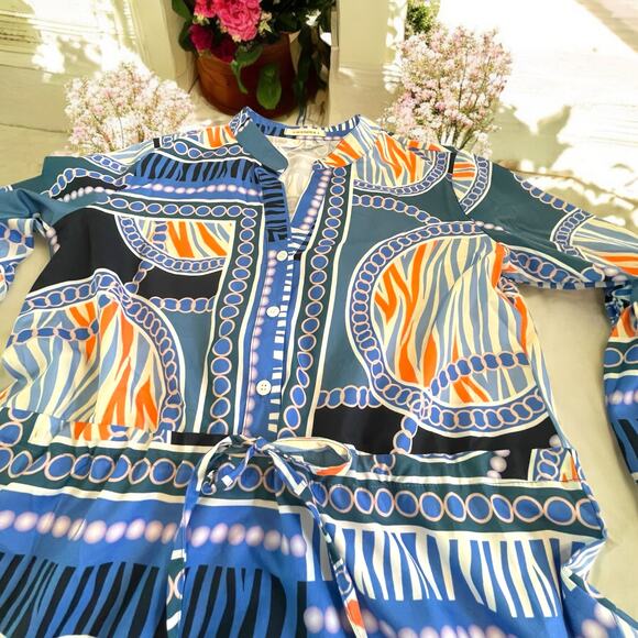 Boutique Printed Balloon Sleeve Coastal Dress Tie Waist Mini Flare Size Small - Picture 11 of 13